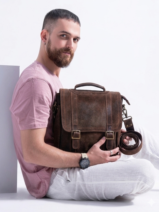 Other - Men's Brown Leather Messenger Bag - Classic Vintage Satchel